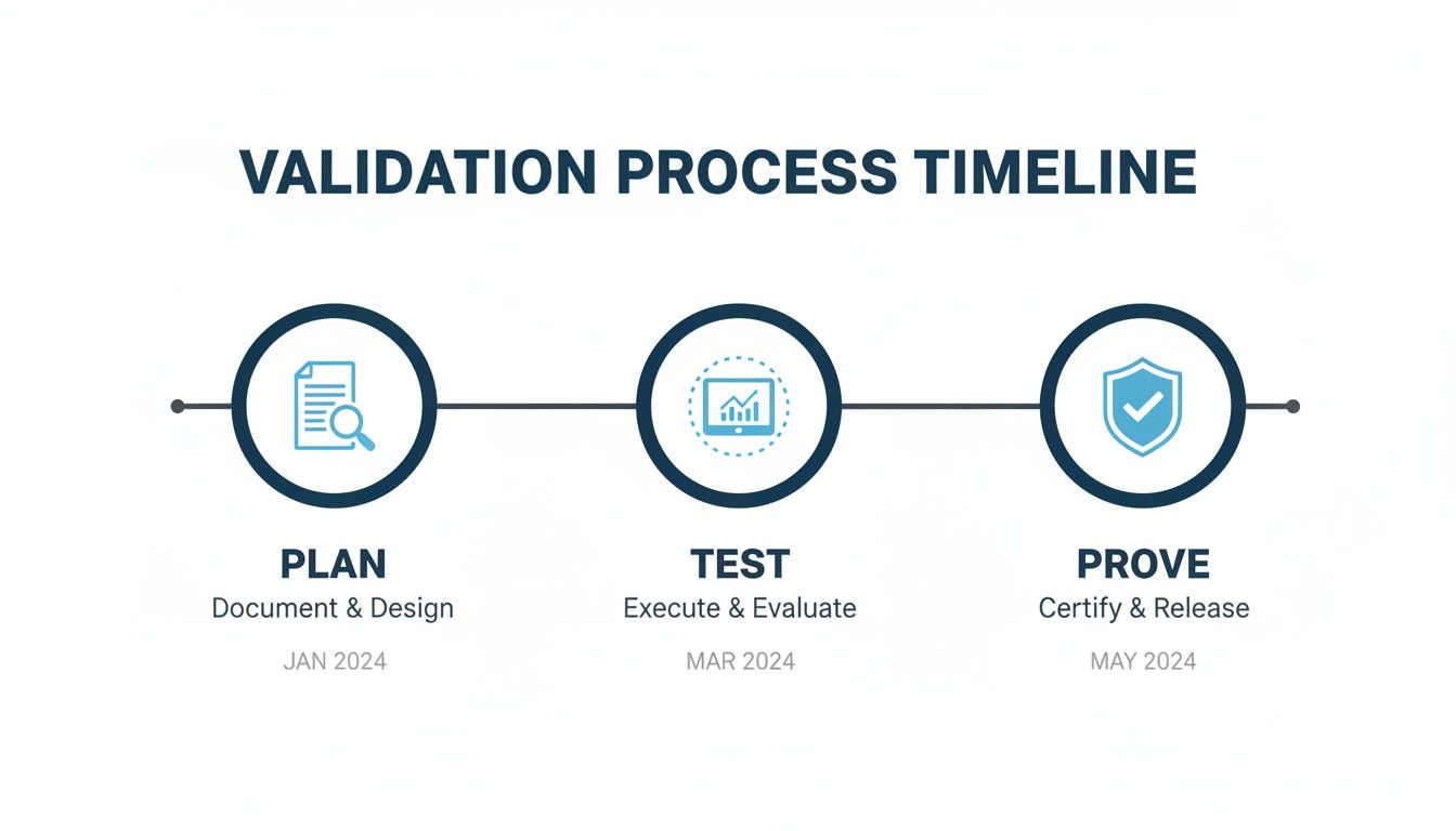 A validation process timeline visually detailing three key steps: Plan, Test, and Prove, with dates.