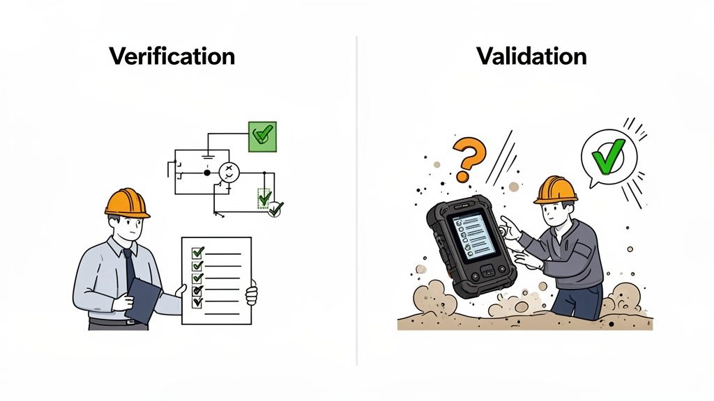 Two illustrations comparing verification and validation: an engineer with a checklist vs. a field worker testing a device.