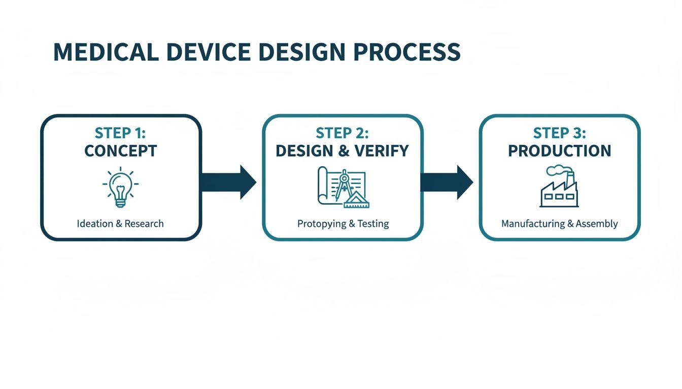 A flow chart illustrating the three-step medical device design process: Concept, Design & Verify, and Production.