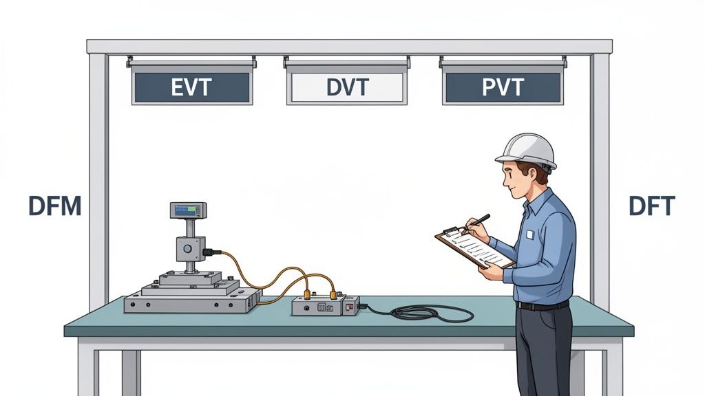 An engineer in a hard hat inspects medical device testing equipment with EVT, DVT, PVT labels.