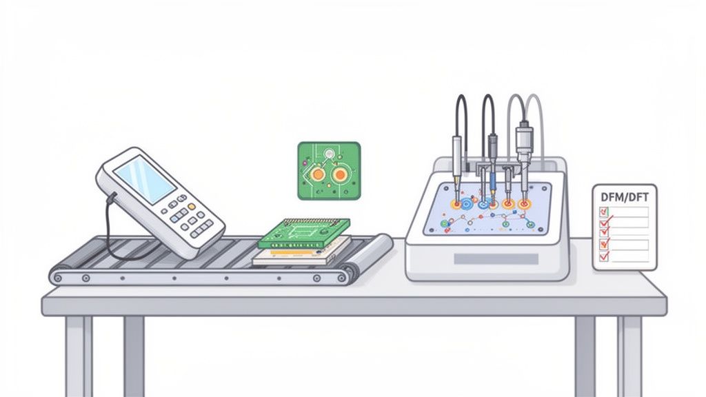 A manufacturing process shows a remote control, circuit boards on a conveyor belt, and a testing machine with a DFM/DFT checklist.