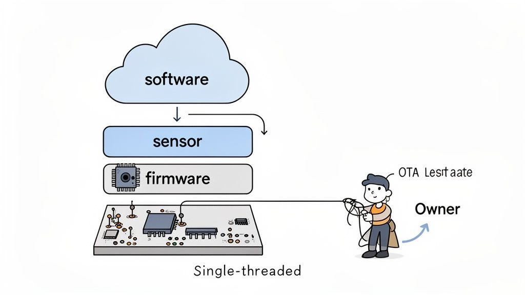 Diagram showing a single-threaded software architecture from cloud to sensor, firmware, and circuit board, controlled by an owner.