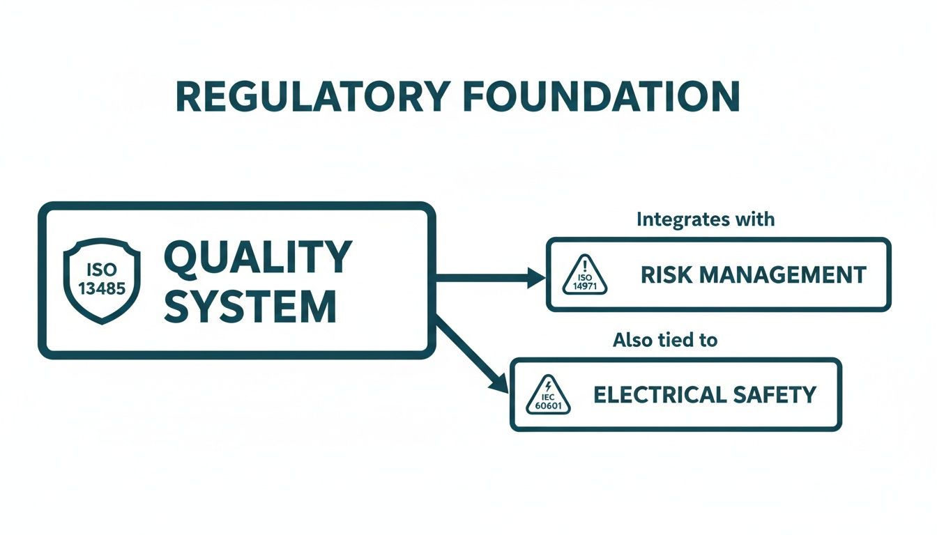 Diagram illustrates the regulatory foundation for medical devices, linking quality system to risk management and electrical safety standards.