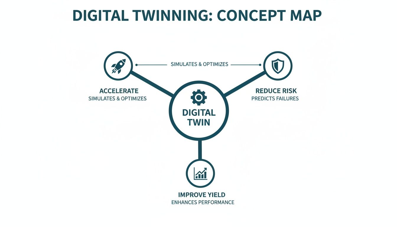 A concept map showing how digital twinning accelerates, reduces risk, and improves yield.