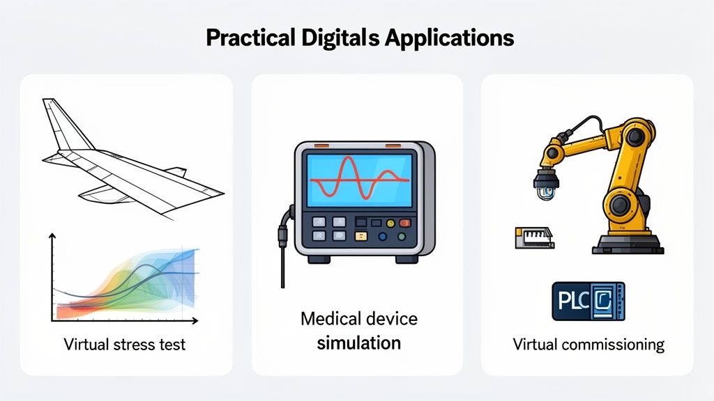 Three cards depict digital applications: virtual stress testing for airplanes, medical device simulation, and virtual commissioning of an industrial robot with a PLC.