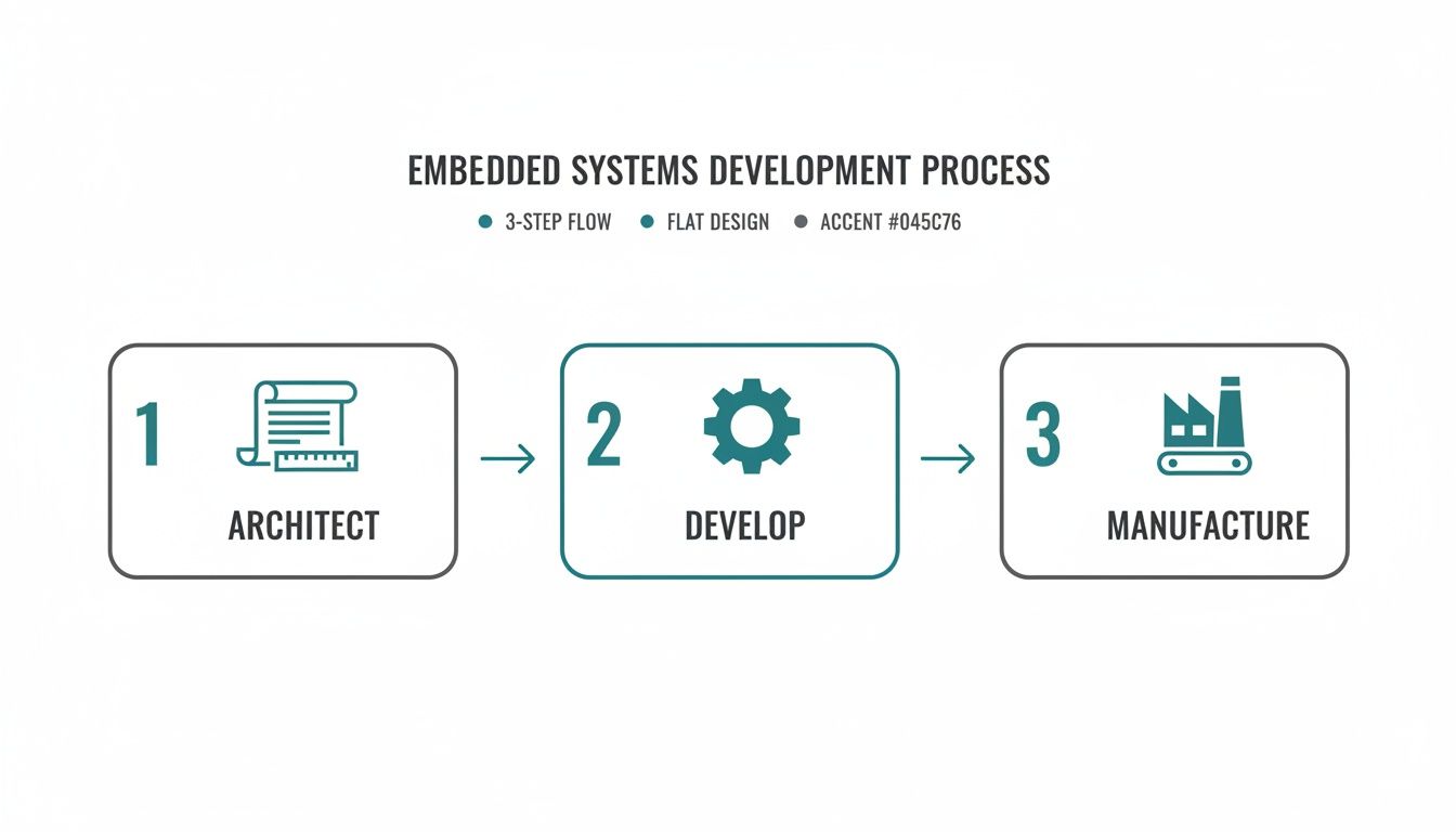 A three-step embedded systems development process illustrating architect, develop, and manufacture stages.