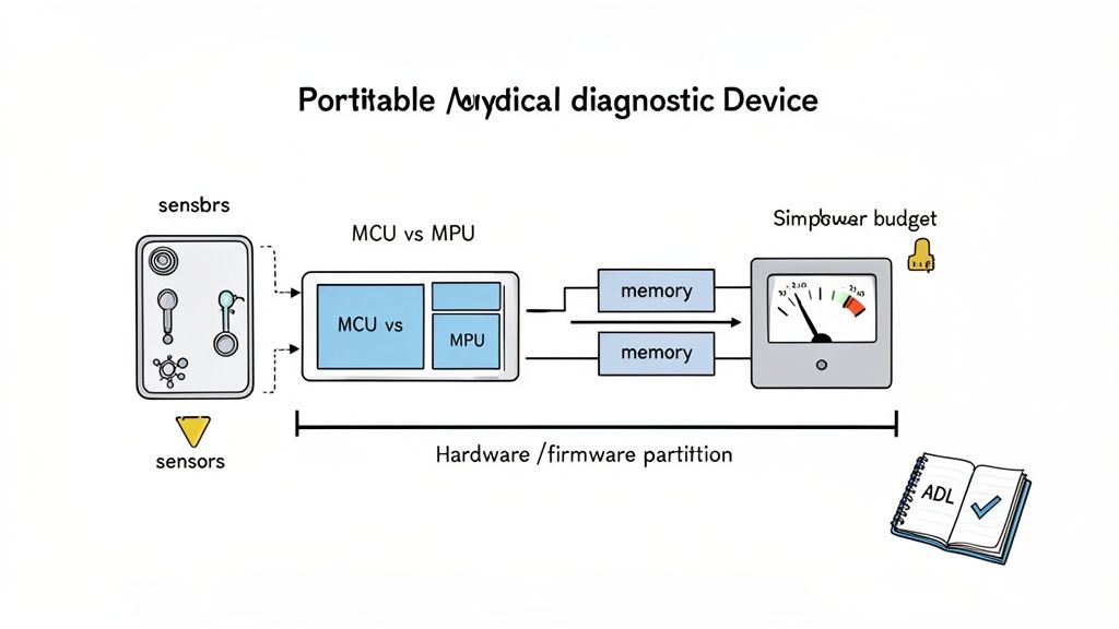 Diagram illustrating the system architecture of a portable diagnostic device, including sensors, MCU/MPU, memory, and power budget.