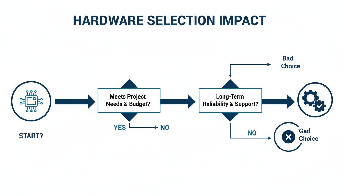 Flowchart illustrating hardware selection impact, evaluating project needs, budget, and long-term reliability for good or bad choices.