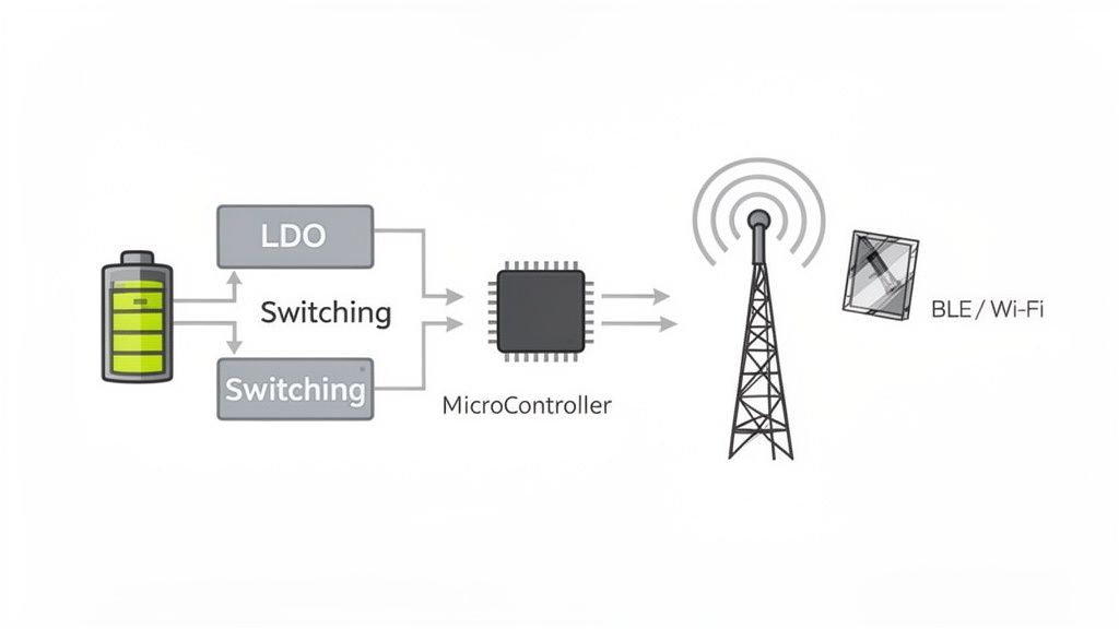 Block diagram showing a battery connected to LDO and switching circuits, powering a microcontroller for BLE/Wi-Fi communication.