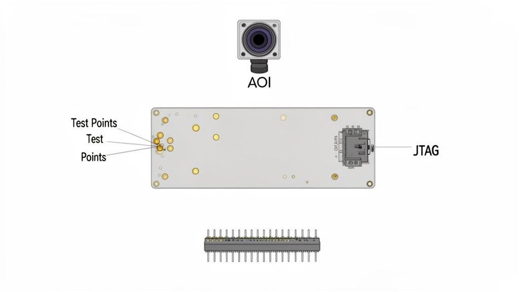 Diagram showing an AOI camera, a circuit board with test points and JTAG, and a multi-pin connector.