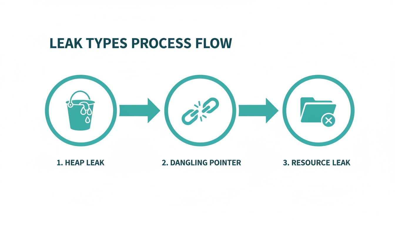 A process flow diagram illustrating three types of memory leaks: heap leak, dangling pointer, and resource leak.
