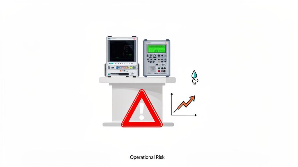 Two electronic measurement devices on a stand above a warning sign, graph, and droplet, symbolizing operational risk.