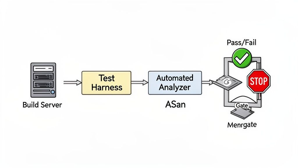 Flow diagram of a software testing pipeline: Build Server, Test Harness, Automated Analyzer (ASan), and Pass/Fail Menrgate.