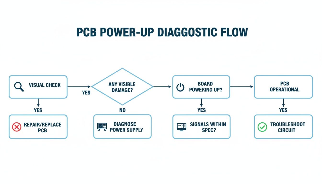 Flowchart illustrating the PCB power-up diagnostic flow with steps from visual check to troubleshooting.