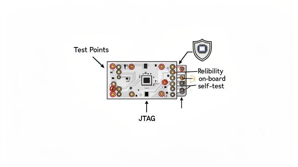 A diagram illustrating a PCB with highlighted test points, JTAG interface, and self-test features for reliability.