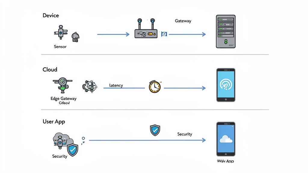 Diagram illustrating IoT data flow from devices to cloud and user app, highlighting gateway, latency, and security.