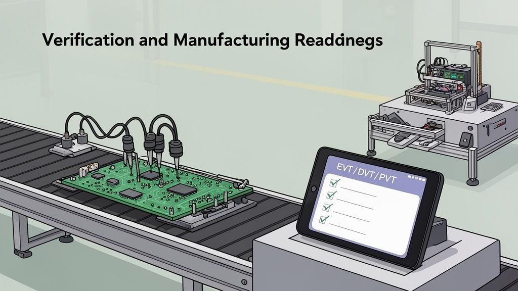 Automated testing of a circuit board on a conveyor belt, with a tablet showing manufacturing validation steps.