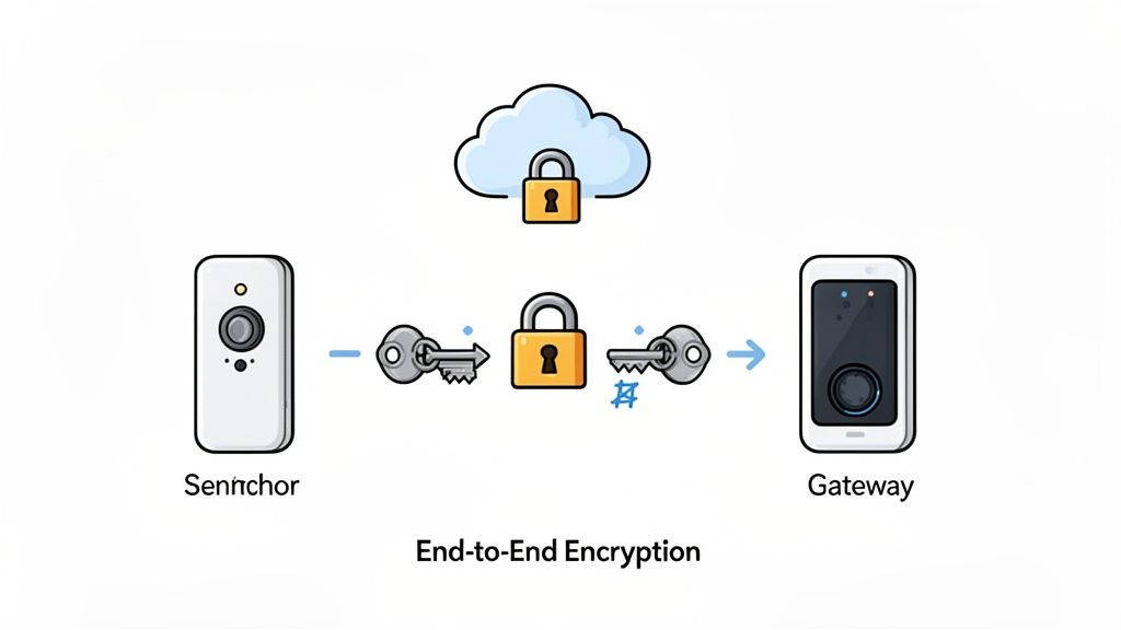 Diagram illustrating end-to-end encryption, showing a Sennrichor device, keys, locks, a cloud, and a gateway.