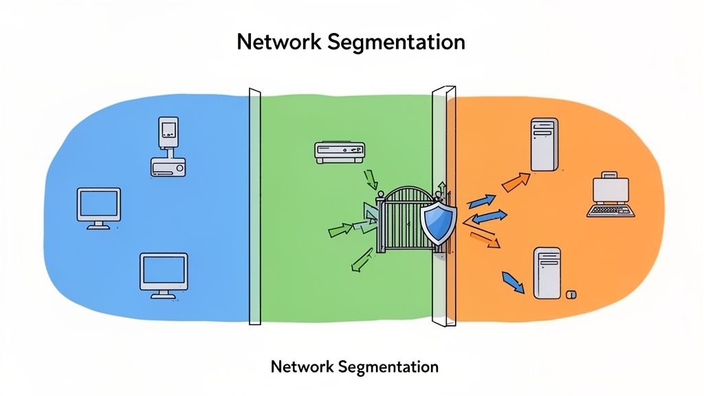 Diagram illustrating network segmentation with different zones and a security gate protecting one segment.