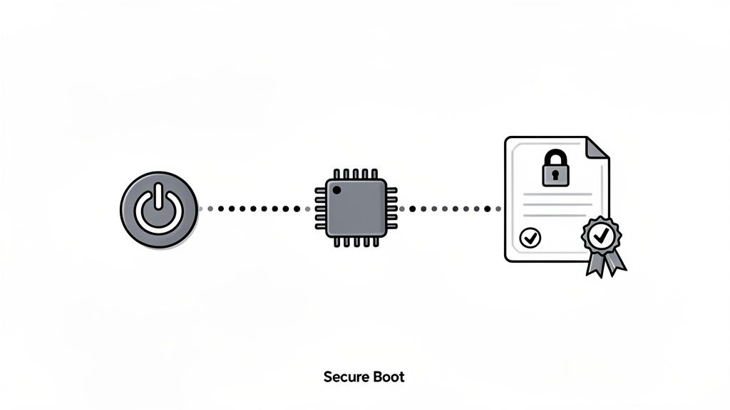 Graphic illustrating secure boot with a power icon connecting to a chip, then to a locked, certified document.