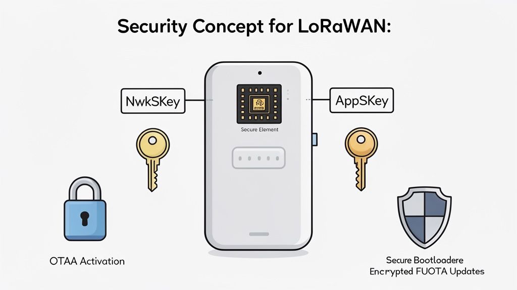 Diagram illustrating LoRaWAN security concept with a secure element, network/application keys, OTAA activation, and secure firmware updates.