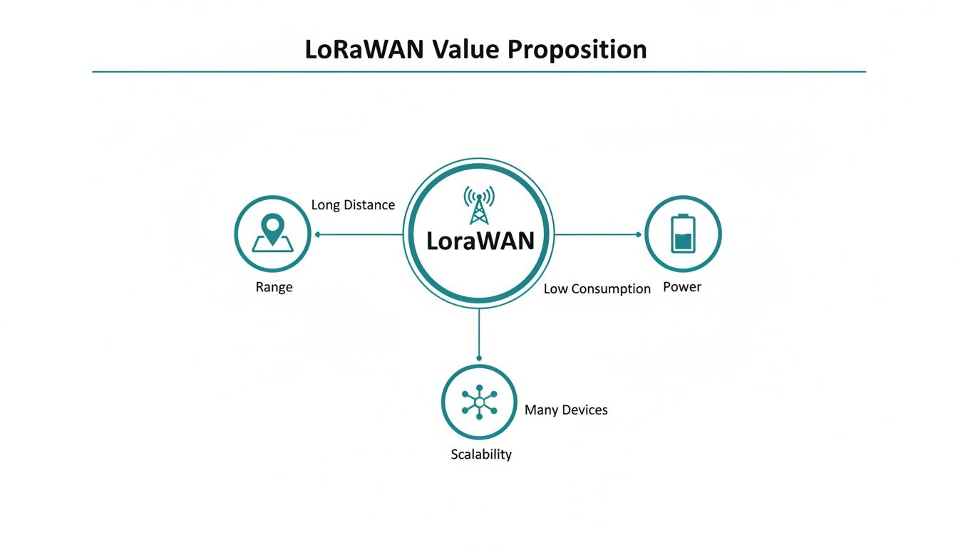 LoRaWAN value proposition diagram highlighting long range, low power consumption, and device scalability.