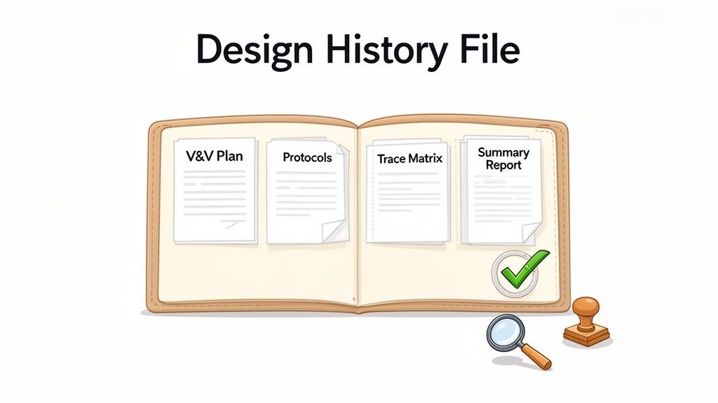 Open Design History File binder displays V&V Plan, Protocols, Trace Matrix, and Summary Report, with tools.