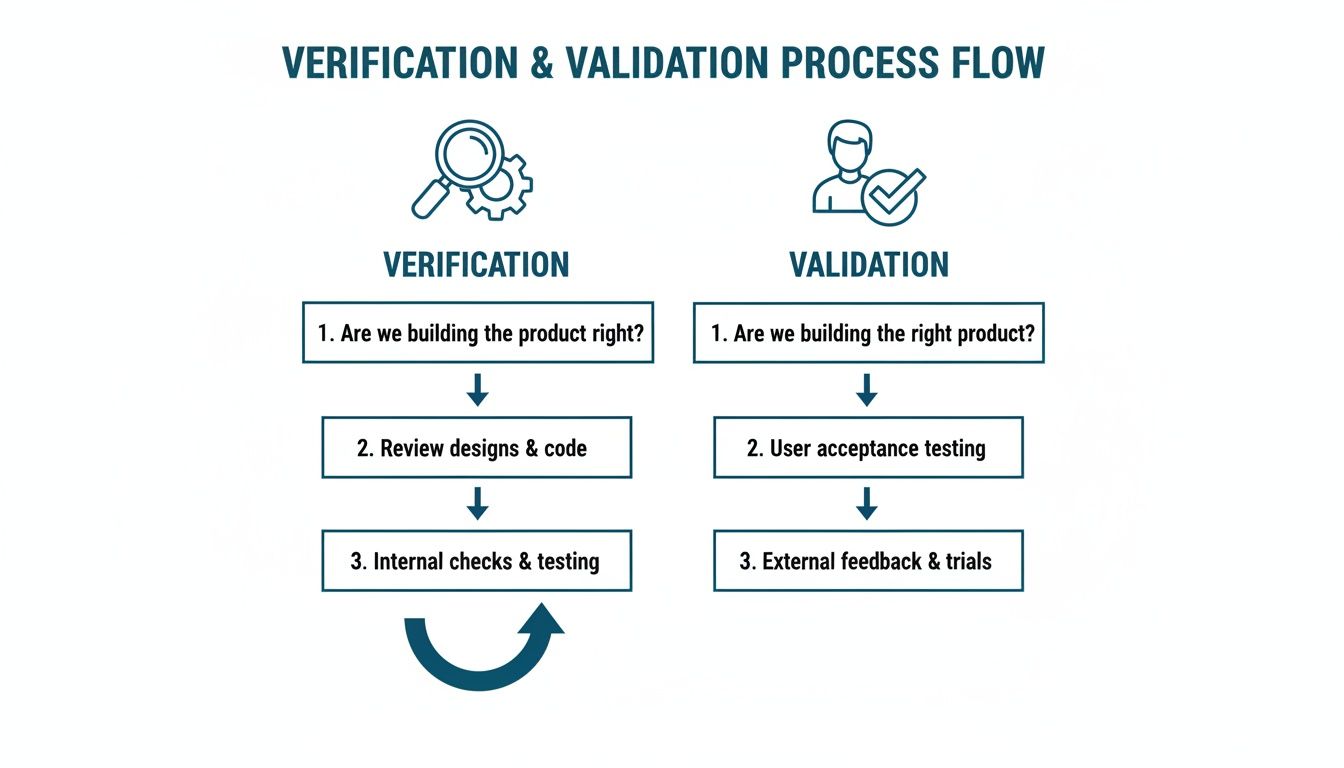 Process flow diagram showing steps for product verification (building it right) and validation (building the right product).