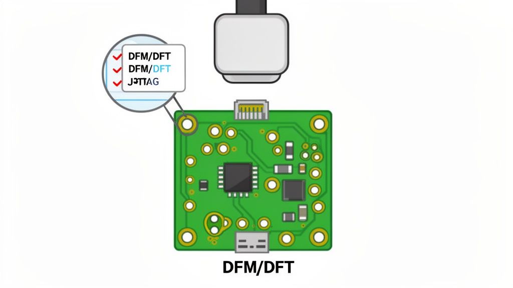 A green circuit board with a connector, showing options like DFM/DFT and JTAG in a magnified view.