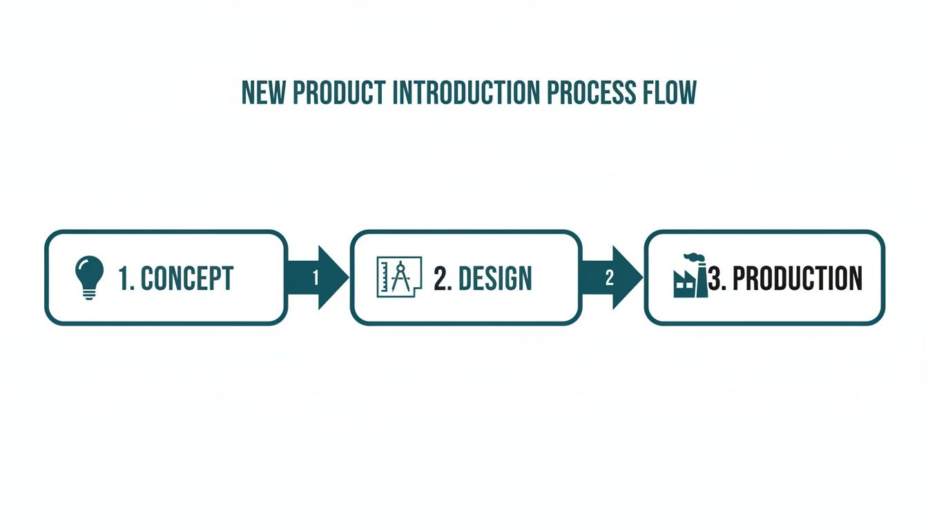 A flowchart illustrates the new product introduction process, detailing steps from concept and design to production.