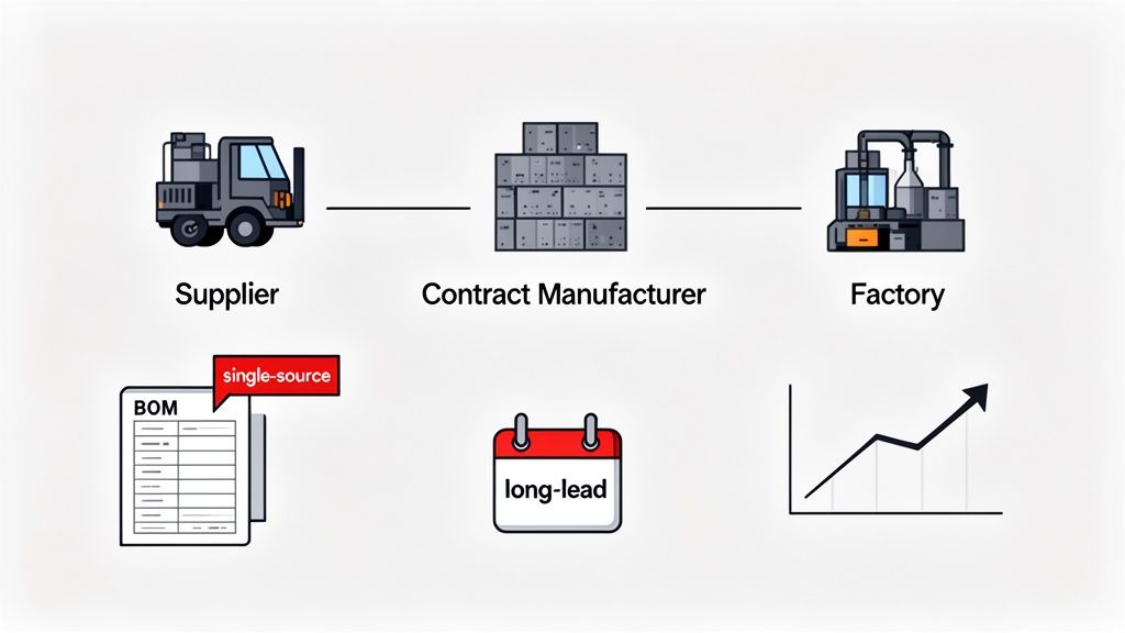 Supply chain diagram illustrating new product introduction flow, with challenges like single-source and long-lead components.