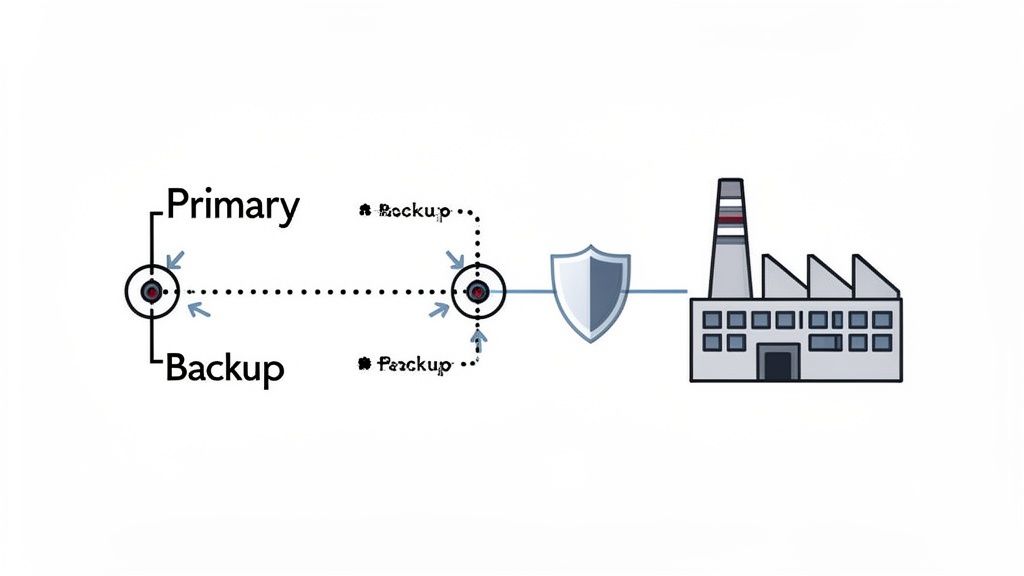 Diagram illustrating primary and backup systems, secure data flow, and connection to a factory.