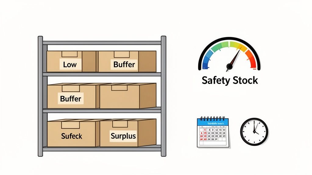 Shelving with inventory boxes marked 'Low', 'Buffer', 'Surplus', 'Sufeck', next to a 'Safety Stock' gauge, calendar, and clock.