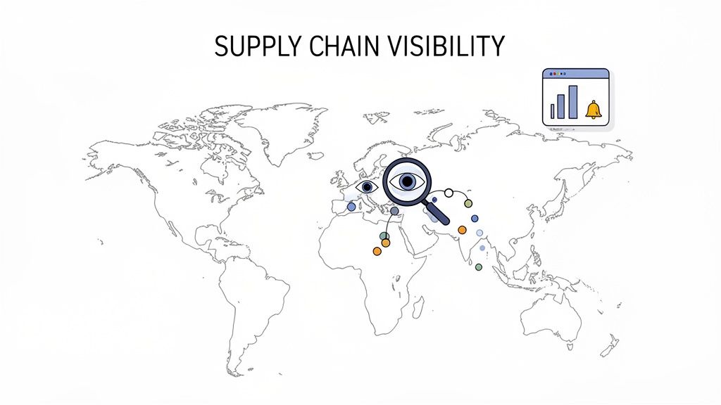 World map illustrating global supply chain visibility with a magnifying glass and data monitoring.