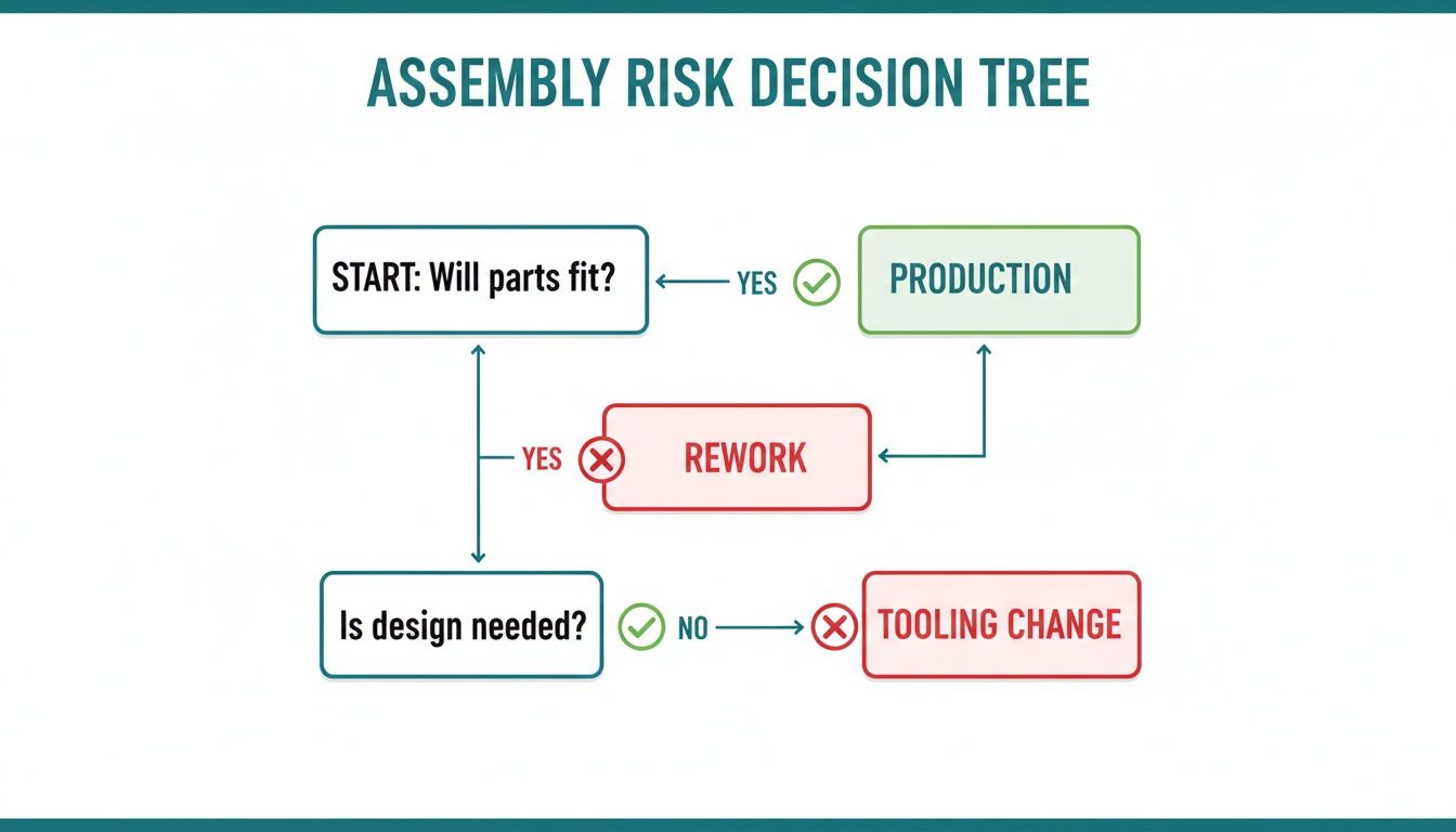 A flowchart illustrating an assembly risk decision tree, guiding production, rework, and tooling changes.