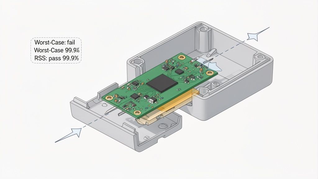 A circuit board is being inserted into a plastic enclosure, with text indicating tolerance analysis results.
