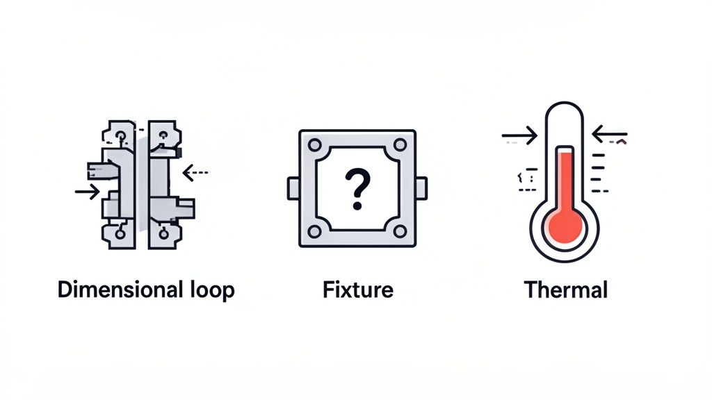 Three icons illustrating engineering factors: dimensional loop, fixture, and thermal analysis.