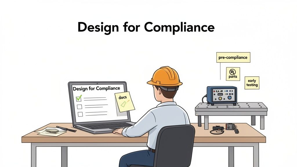 An engineer designs for compliance, checking a laptop checklist, with pre-compliance testing equipment nearby.