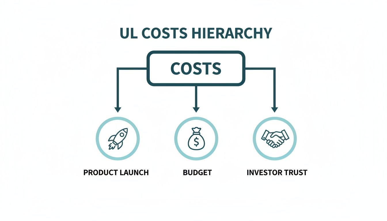A hierarchy diagram showing UL costs impacting product launch, budget, and investor trust.
