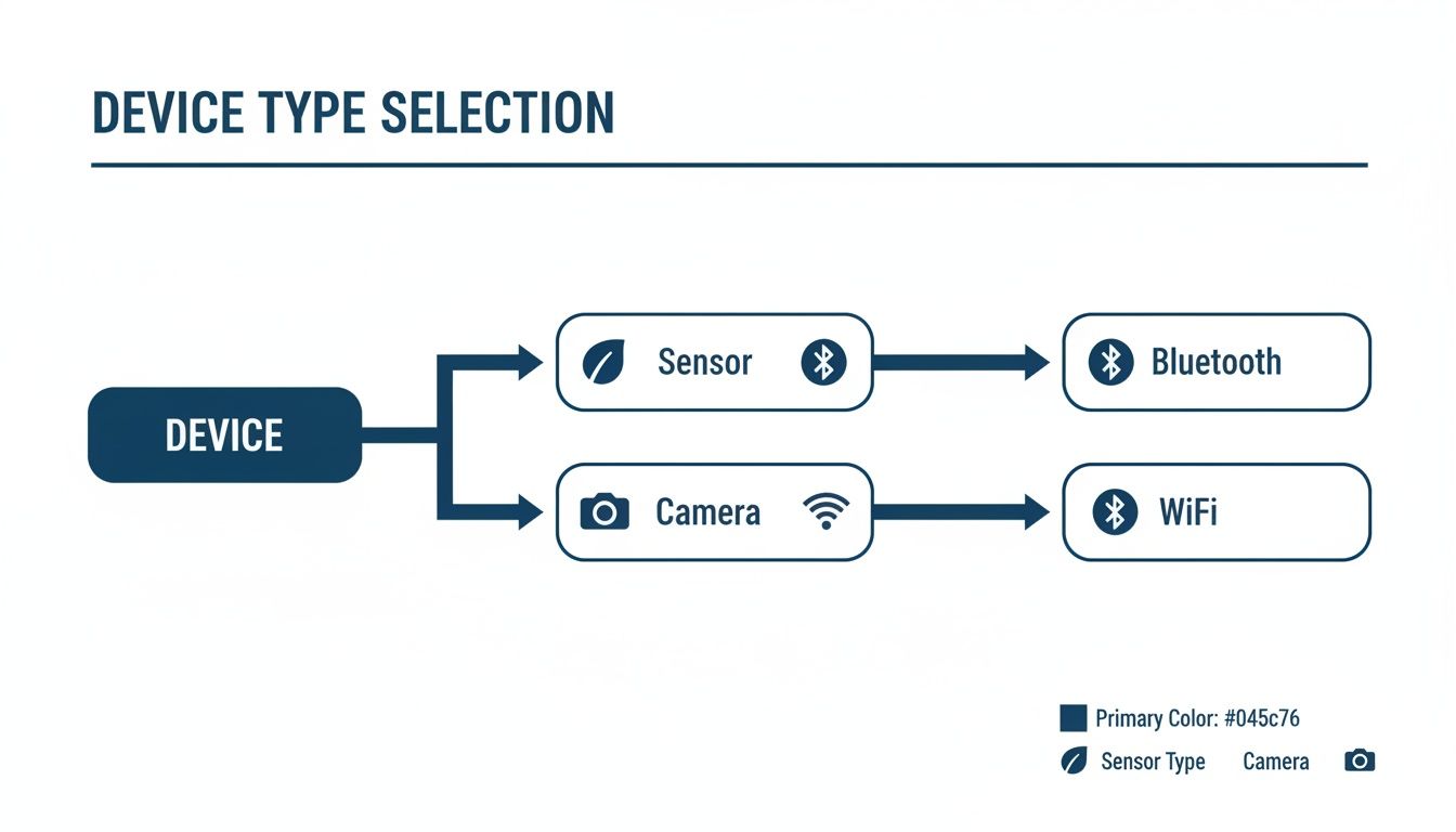 A flowchart for device type selection, showing a device can be a sensor (Bluetooth) or a camera (WiFi).