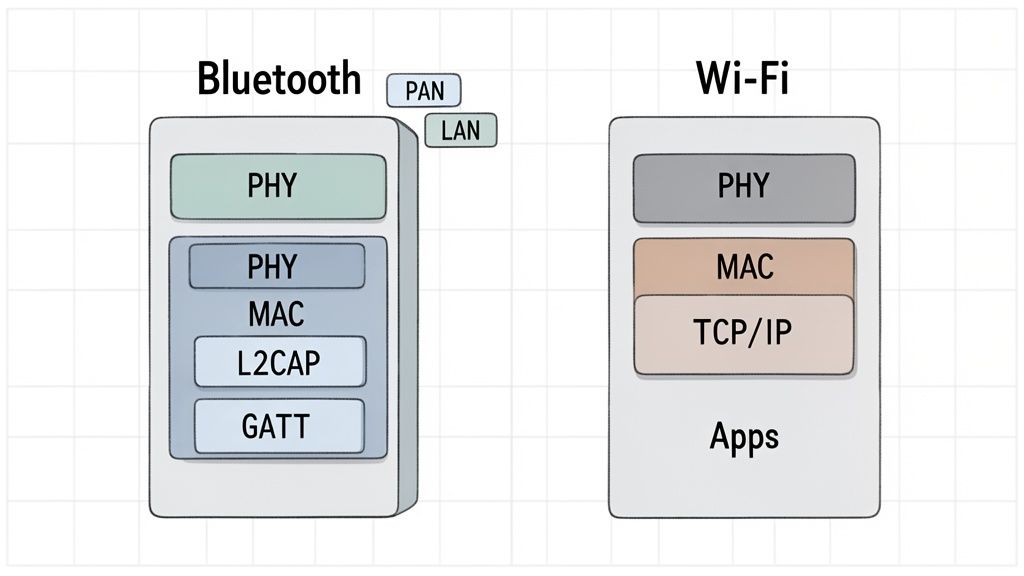 A diagram comparing the protocol stacks of Bluetooth and Wi-Fi, showing their different layers and network types.