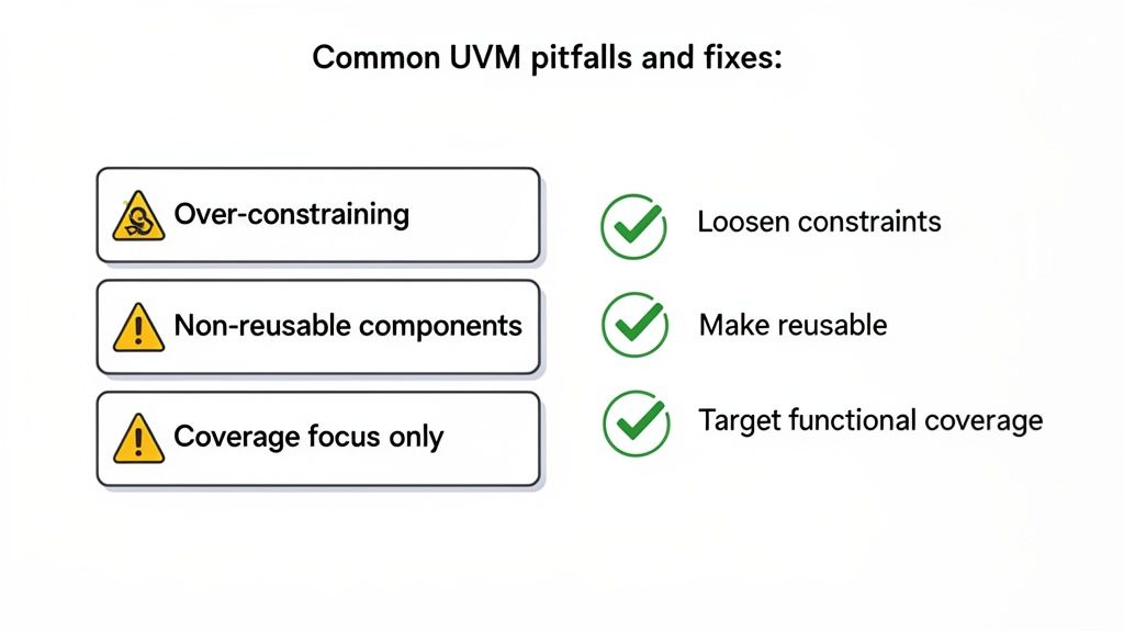 Diagram showing common UVM verification pitfalls and their corresponding fixes for better design.