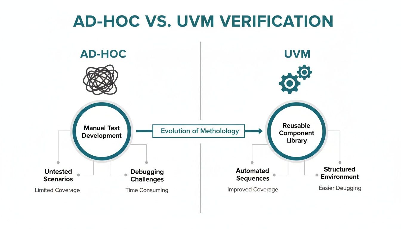Infographic comparing AD-HOC and UVM verification methodologies, highlighting evolution, benefits, and drawbacks.