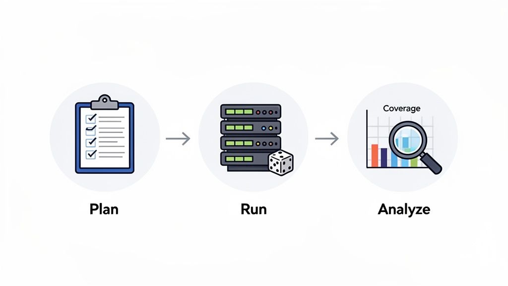 Diagram showing a three-step verification process: Plan (checklist), Run (servers, dice), and Analyze (coverage chart).